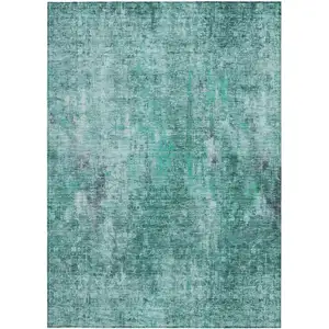 Photo of Teal Blue Green And Gray Abstract Washable Indoor Outdoor Area Rug