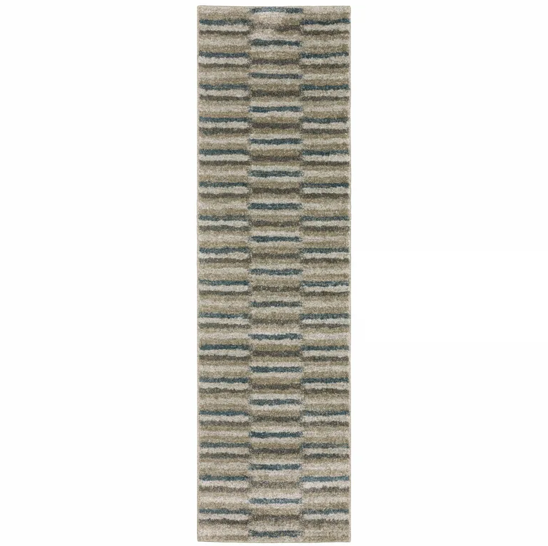 Teal Blue Grey And Tan Geometric Power Loom Stain Resistant Runner Rug Photo 1