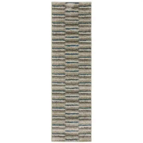 Teal Blue Grey And Tan Geometric Power Loom Stain Resistant Runner Rug Photo 1