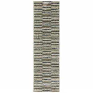 Photo of Teal Blue Grey And Tan Geometric Power Loom Stain Resistant Runner Rug