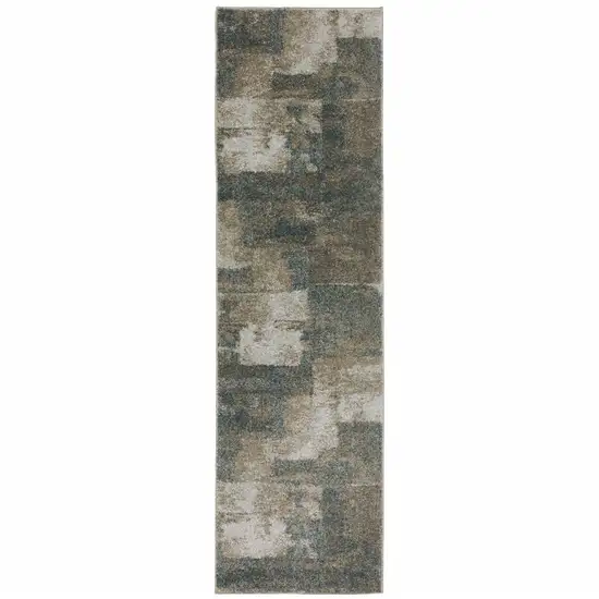 Teal Blue Grey Tan And Beige Geometric Power Loom Stain Resistant Runner Rug Photo 1