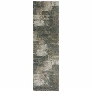 Photo of Teal Blue Grey Tan And Beige Geometric Power Loom Stain Resistant Runner Rug