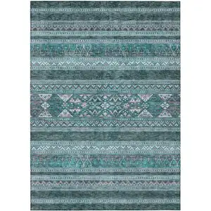 Photo of Teal Blue Ivory And Gray Southwestern Washable Indoor Outdoor Area Rug