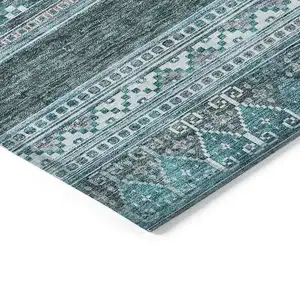 Photo of Teal Blue Ivory And Gray Southwestern Washable Indoor Outdoor Area Rug