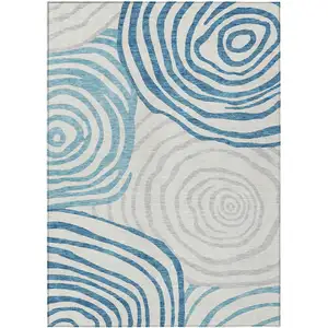 Photo of Teal Blue Ivory And Silver Abstract Washable Indoor Outdoor Area Rug