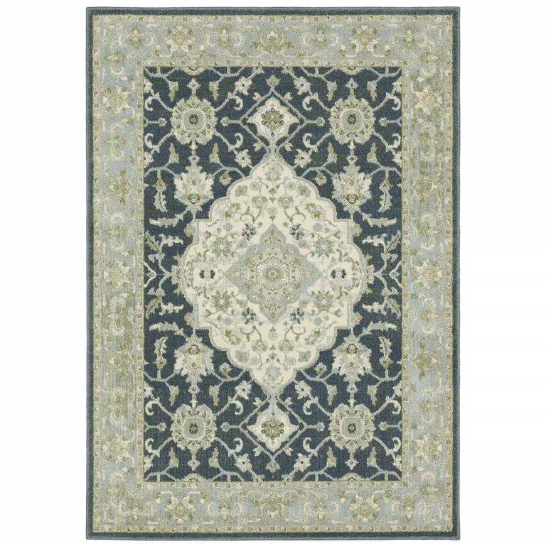 Teal Blue Ivory Green And Grey Oriental Power Loom Stain Resistant Area Rug Photo 2