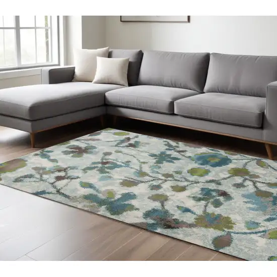 Teal Blue Machine Woven Floral Indoor Area Rug Photo 2