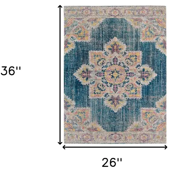 Teal Blue Medallion Power Loom Area Rug With Fringe Photo 7