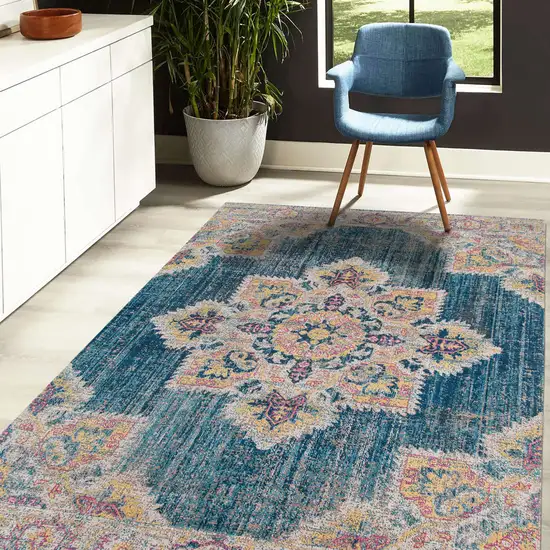 Teal Blue Medallion Power Loom Area Rug With Fringe Photo 6