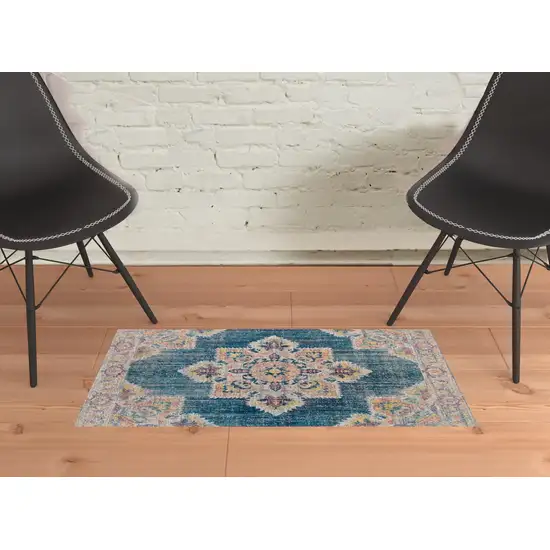 Teal Blue Medallion Power Loom Area Rug With Fringe Photo 4