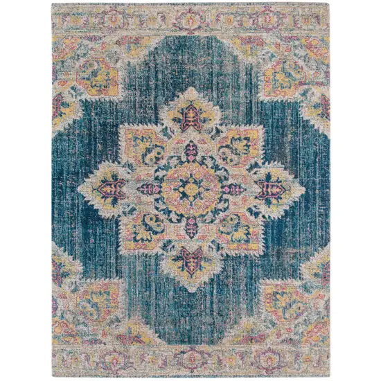 Teal Blue Medallion Power Loom Area Rug With Fringe Photo 1