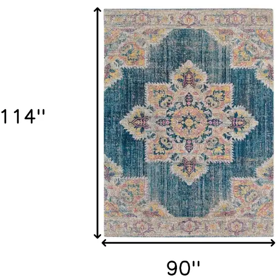 Teal Blue Medallion Power Loom Area Rug With Fringe Photo 7