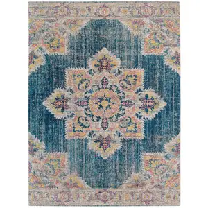 Photo of Teal Blue Medallion Power Loom Area Rug With Fringe