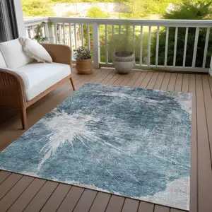 Photo of Teal Blue Navy Blue And Gray Abstract Washable Indoor Outdoor Area Rug