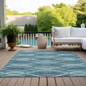 Photo of Teal Blue Navy Blue And Gray Abstract Washable Indoor Outdoor Area Rug