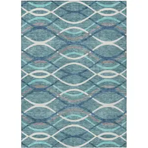 Photo of Teal Blue Navy Blue And Gray Abstract Washable Indoor Outdoor Area Rug