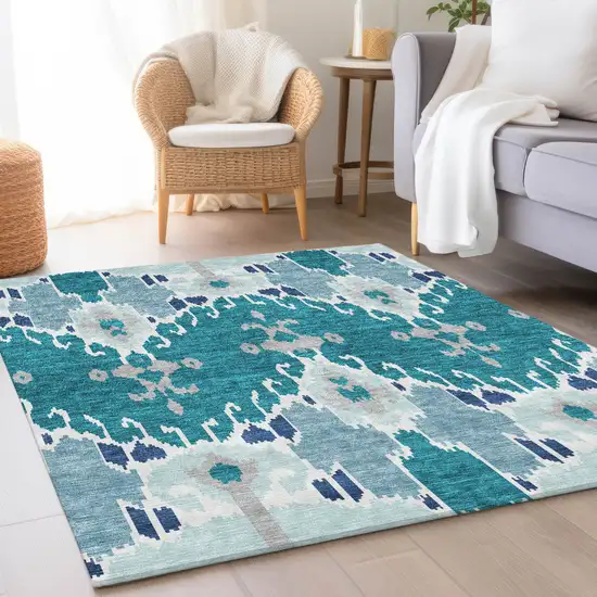 Teal Blue Navy Blue And Gray Ikat Washable Indoor Outdoor Area Rug Photo 7