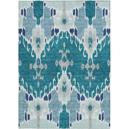 Teal Blue Navy Blue And Gray Ikat Washable Indoor Outdoor Area Rug Photo 5