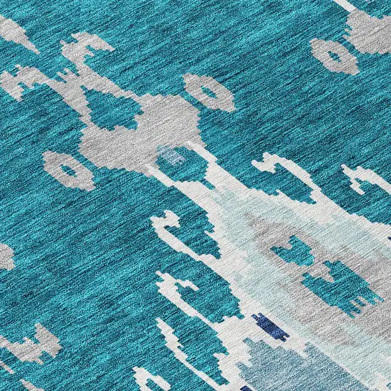 Teal Blue Navy Blue And Gray Ikat Washable Indoor Outdoor Area Rug Photo 4