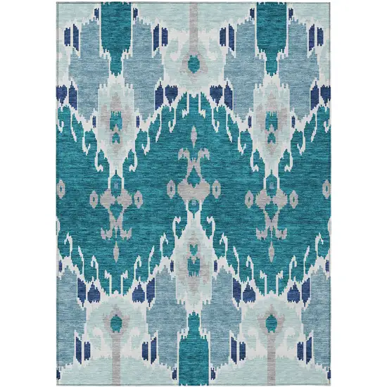 Teal Blue Navy Blue And Gray Ikat Washable Indoor Outdoor Area Rug Photo 1