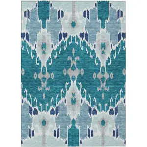 Photo of Teal Blue Navy Blue And Gray Ikat Washable Indoor Outdoor Area Rug