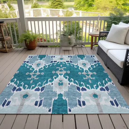 Teal Blue Navy Blue And Gray Ikat Washable Indoor Outdoor Area Rug Photo 6