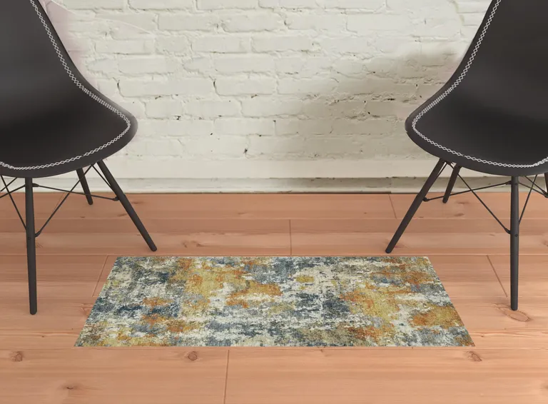 Teal Blue Orange Gold Grey Tan Brown And Beige Abstract Printed Stain Resistant Non Skid Area Rug Photo 2