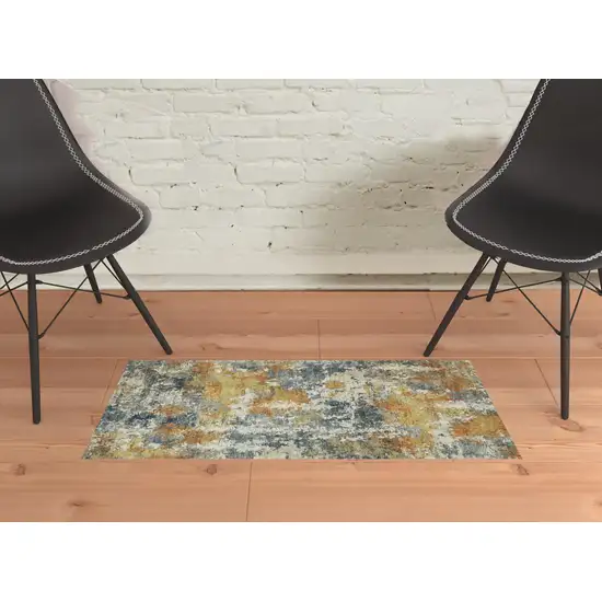 Teal Blue Orange Gold Grey Tan Brown And Beige Abstract Printed Stain Resistant Non Skid Area Rug Photo 2