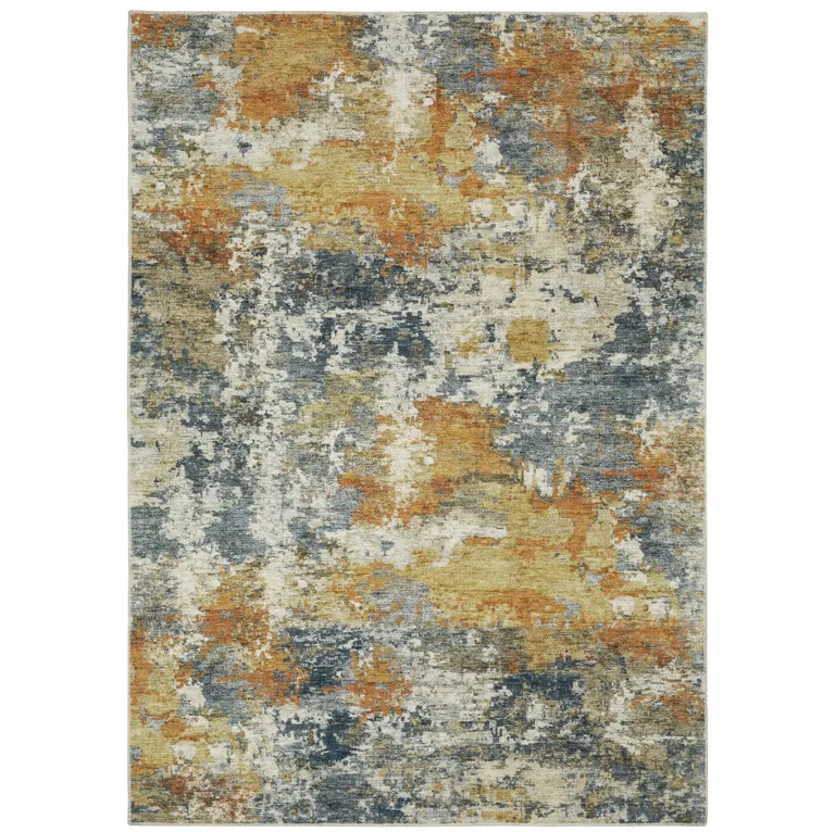 Teal Blue Orange Gold Grey Tan Brown And Beige Abstract Printed Stain Resistant Non Skid Area Rug Photo 1