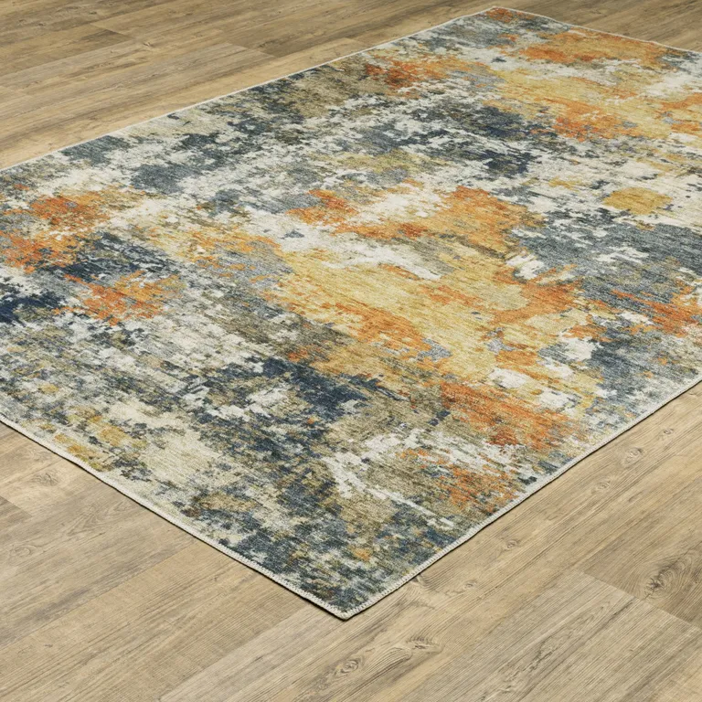 Teal Blue Orange Gold Grey Tan Brown And Beige Abstract Printed Stain Resistant Non Skid Area Rug Photo 5