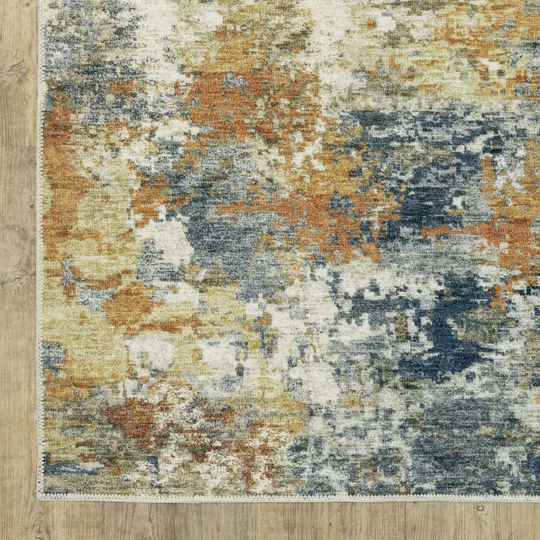 Teal Blue Orange Gold Grey Tan Brown And Beige Abstract Printed Stain Resistant Non Skid Area Rug Photo 3