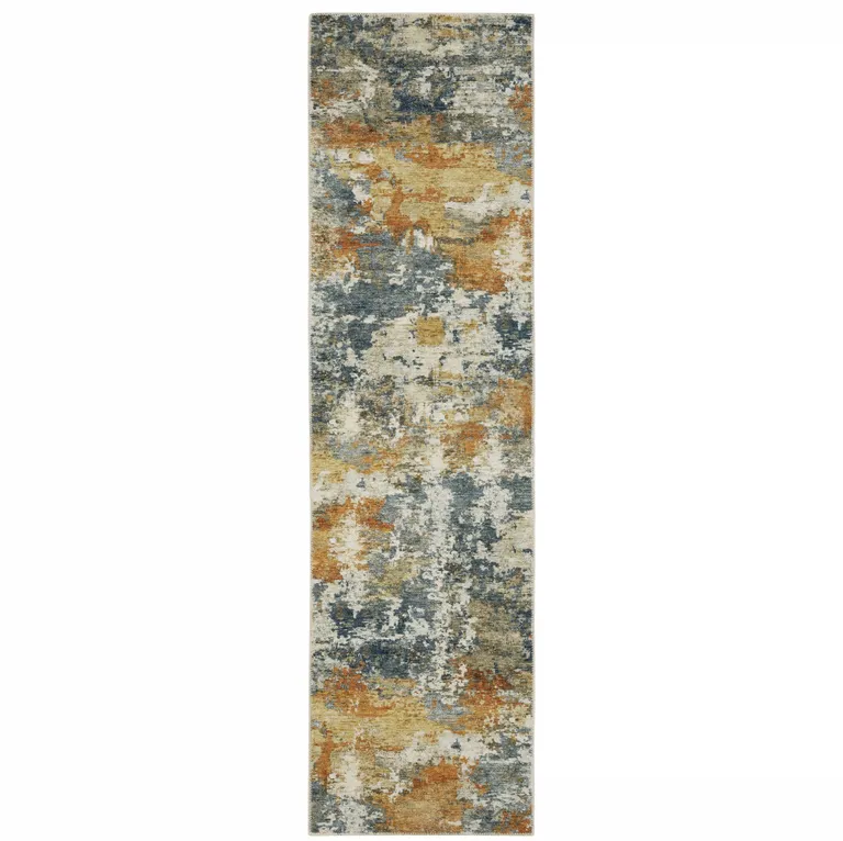 Teal Blue Orange Gold Grey Tan Brown And Beige Abstract Printed Stain Resistant Non Skid Runner Rug Photo 1