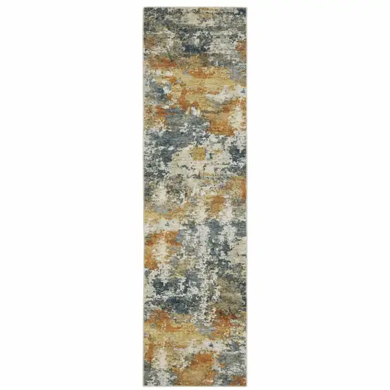 Teal Blue Orange Gold Grey Tan Brown And Beige Abstract Printed Stain Resistant Non Skid Runner Rug Photo 1