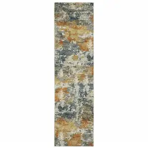 Photo of Teal Blue Orange Gold Grey Tan Brown And Beige Abstract Printed Stain Resistant Non Skid Runner Rug