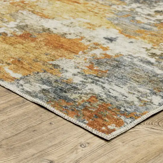 Teal Blue Orange Gold Grey Tan Brown And Beige Abstract Printed Stain Resistant Non Skid Runner Rug Photo 4