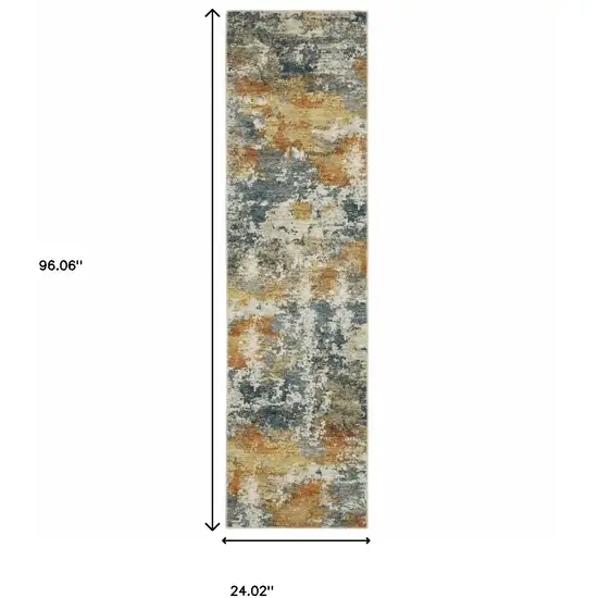 Teal Blue Orange Gold Grey Tan Brown And Beige Abstract Printed Stain Resistant Non Skid Runner Rug Photo 9