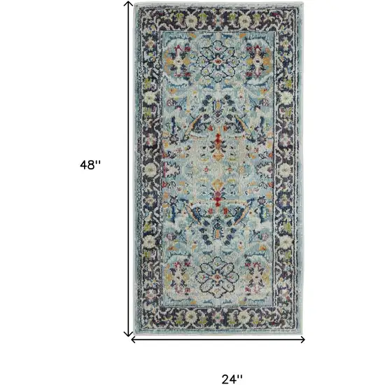 Teal Blue Orange and Black Floral Distressed Non Skid Area Rug Photo 3