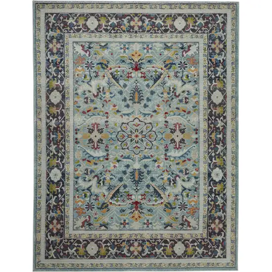 Teal Blue Orange and Black Floral Medallion Distressed Non Skid Area Rug Photo 2