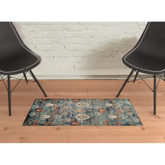 Teal Blue Oriental Power Loom Area Rug With Fringe Photo 4