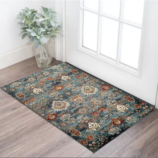 Teal Blue Oriental Power Loom Area Rug With Fringe Photo 1