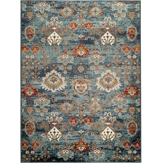 Teal Blue Oriental Power Loom Area Rug With Fringe Photo 1