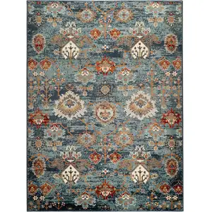 Photo of Teal Blue Oriental Power Loom Area Rug With Fringe