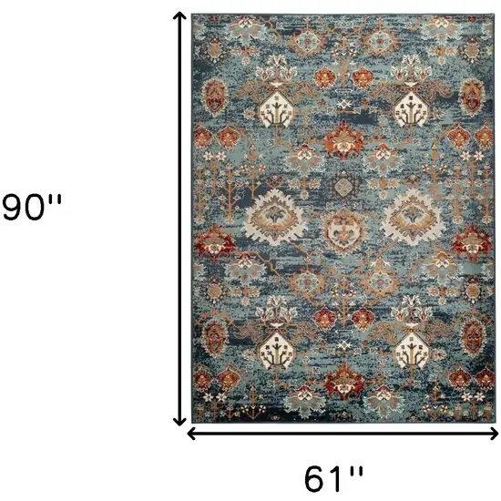 Teal Blue Oriental Power Loom Area Rug With Fringe Photo 8