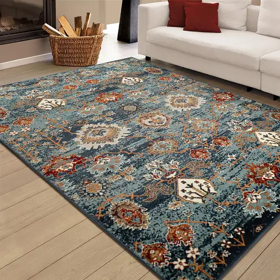 Teal Blue Oriental Power Loom Area Rug With Fringe Photo 7