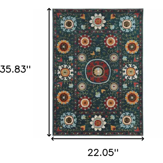 Teal Blue Rust Gold And Ivory Floral Power Loom Stain Resistant Area Rug Photo 5