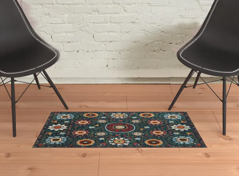 Teal Blue Rust Gold And Ivory Floral Power Loom Stain Resistant Area Rug Photo 2