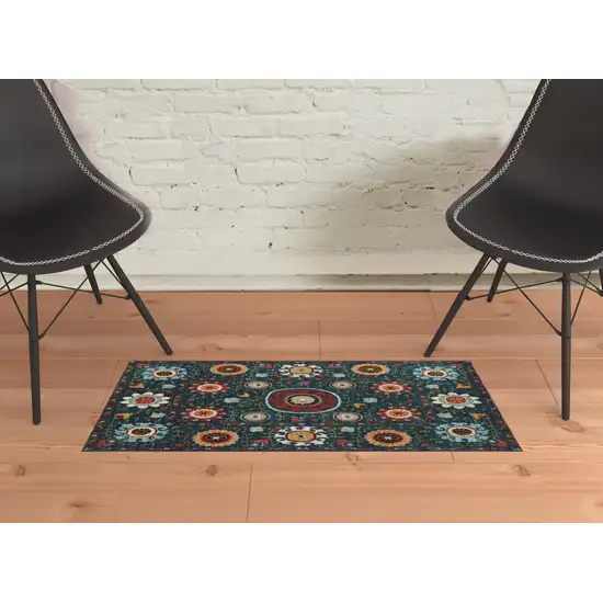 Teal Blue Rust Gold And Ivory Floral Power Loom Stain Resistant Area Rug Photo 2