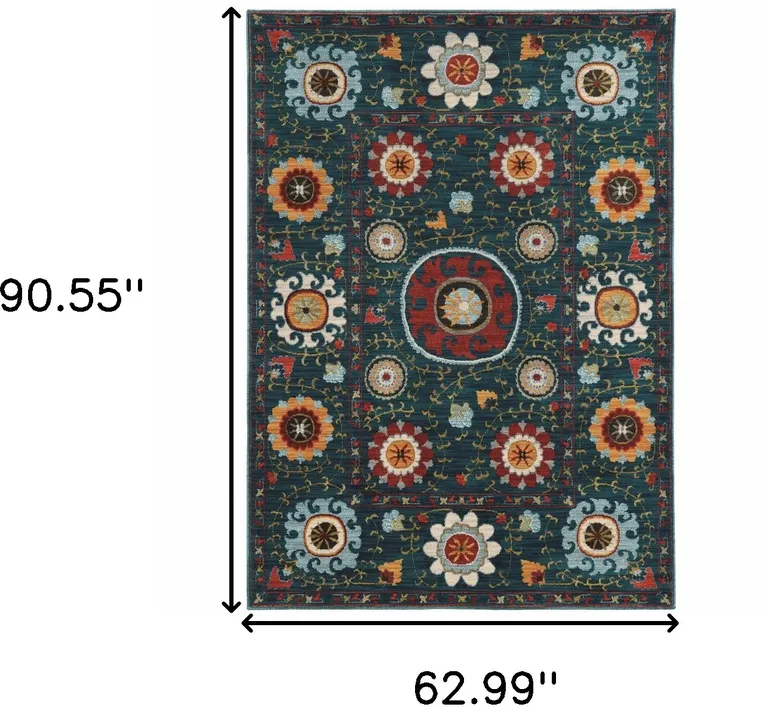 Teal Blue Rust Gold And Ivory Floral Power Loom Stain Resistant Area Rug Photo 5