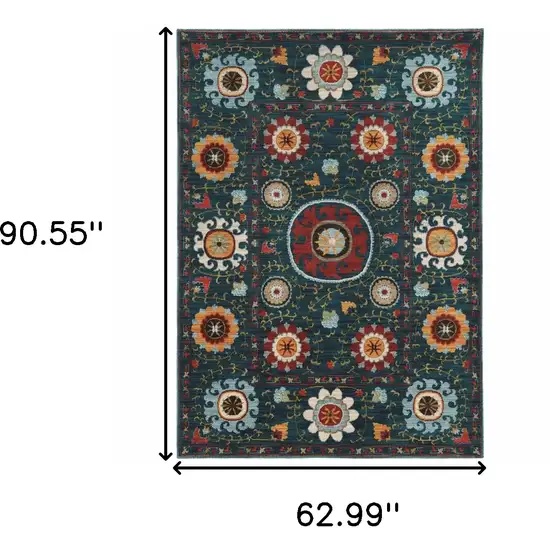 Teal Blue Rust Gold And Ivory Floral Power Loom Stain Resistant Area Rug Photo 5