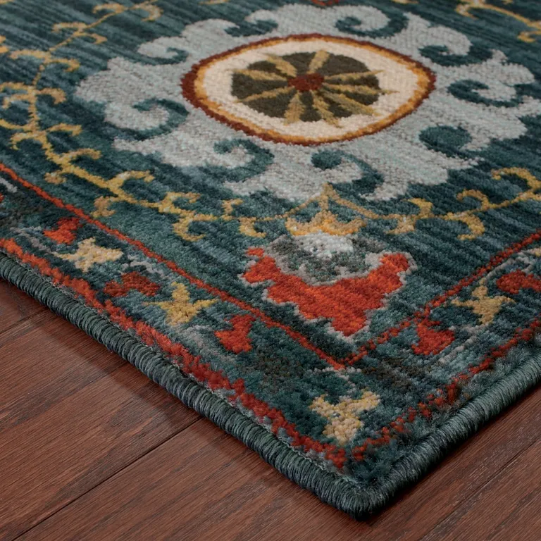 Teal Blue Rust Gold And Ivory Floral Power Loom Stain Resistant Area Rug Photo 3